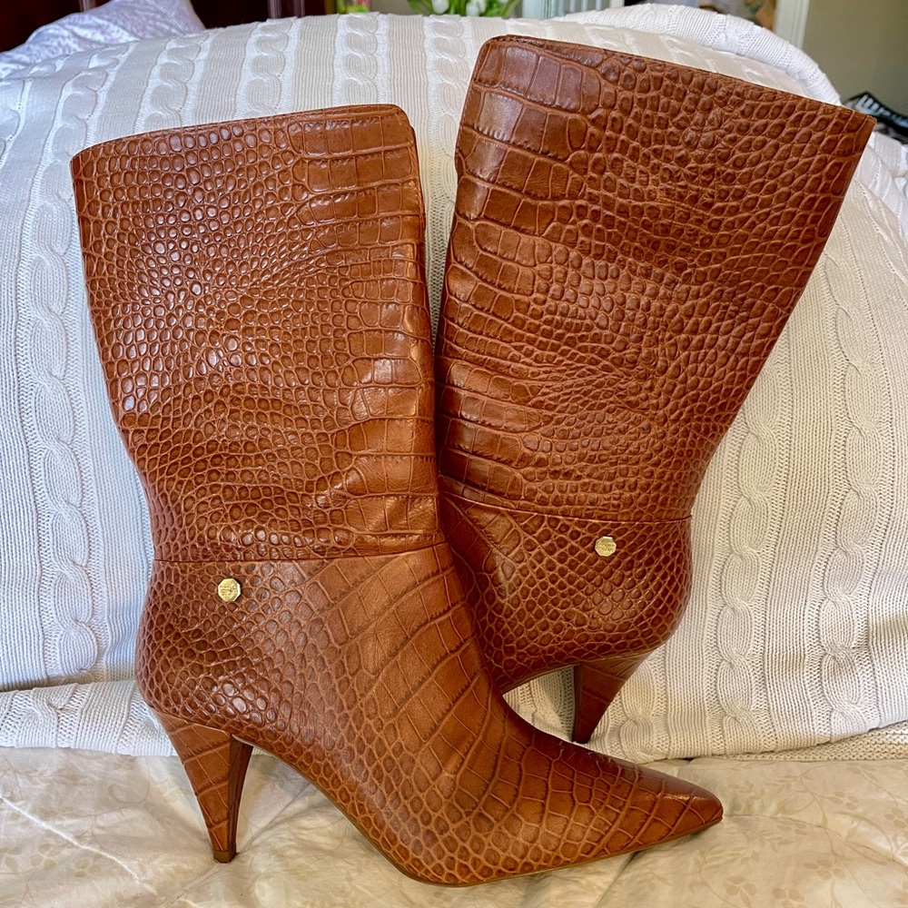 Louise et Cie Tan Crocodile-Embossed Heeled Boots